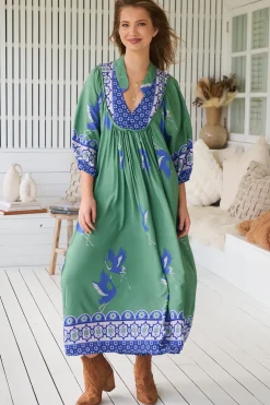 Boheme Midi Dress - Piping Defined Bust 3/4 Sleeve Smock Dress in Bluebird Print><noscript><img width=