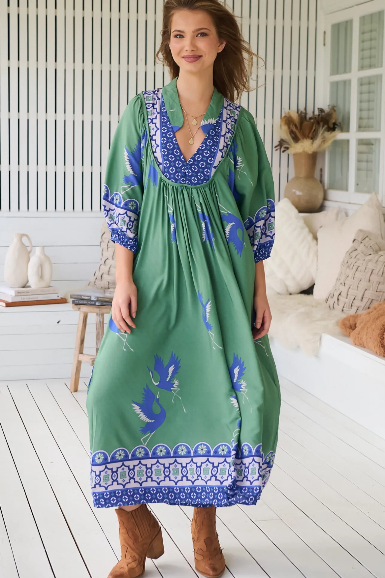 Boheme Midi Dress - Piping Defined Bust 3/4 Sleeve Smock Dress in Bluebird Print>Jaase Discount