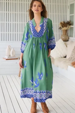 Boheme Midi Dress - Piping Defined Bust 3/4 Sleeve Smock Dress in Bluebird Print><noscript><img width=