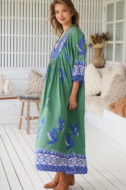 Boheme Midi Dress - Piping Defined Bust 3/4 Sleeve Smock Dress in Bluebird Print><noscript><img width=