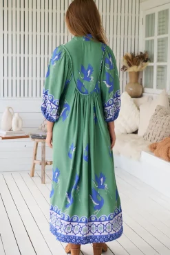Boheme Midi Dress - Piping Defined Bust 3/4 Sleeve Smock Dress in Bluebird Print><noscript><img width=