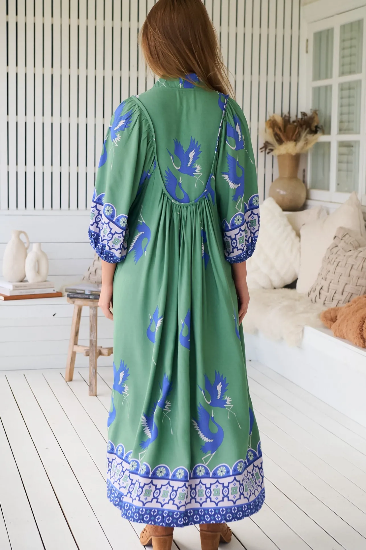 Boheme Midi Dress - Piping Defined Bust 3/4 Sleeve Smock Dress in Bluebird Print>Jaase Discount