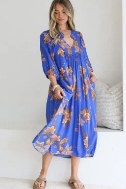 Boheme Midi Dress - Piping Defined Bust Slimline Smock Dress In Maribella Print><noscript><img width=