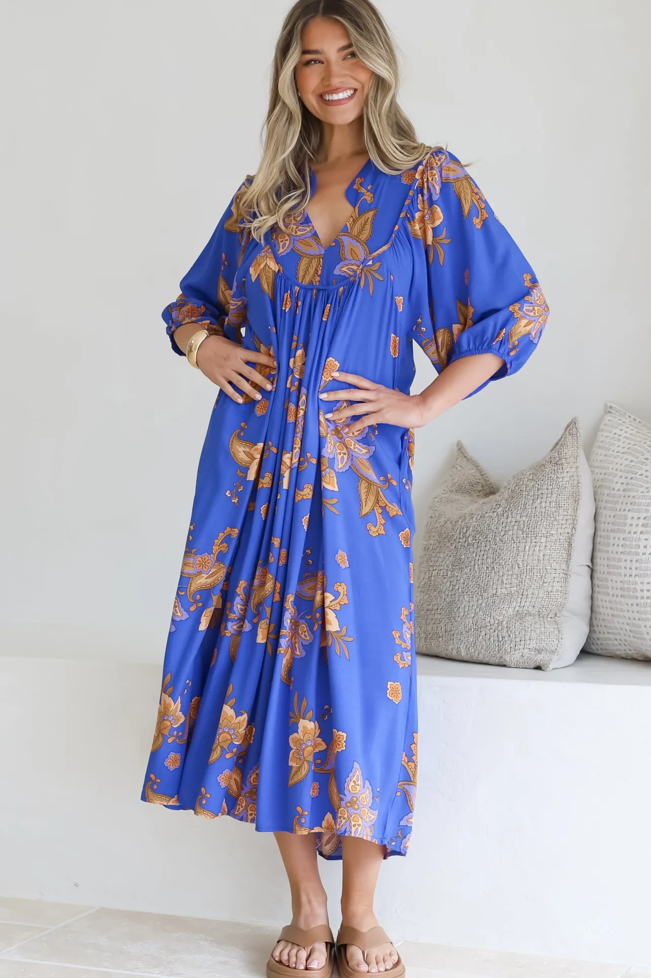 Boheme Midi Dress - Piping Defined Bust Slimline Smock Dress In Maribella Print>Jaase Outlet