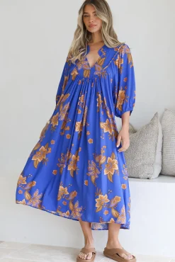 Boheme Midi Dress - Piping Defined Bust Slimline Smock Dress In Maribella Print><noscript><img width=
