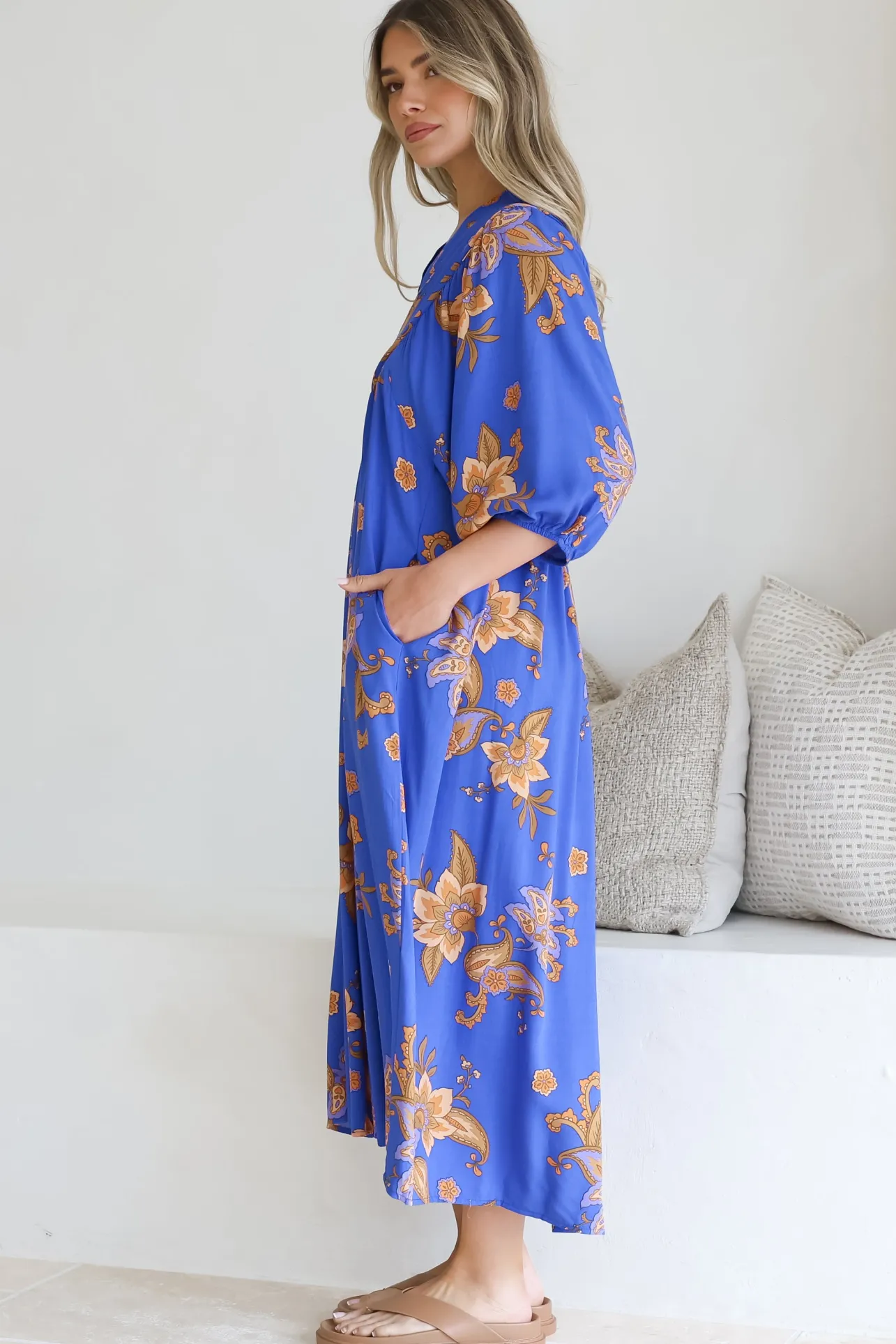 Boheme Midi Dress - Piping Defined Bust Slimline Smock Dress In Maribella Print>Jaase Outlet