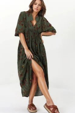 Boheme Midi Dress - Piping Defined Bust Slimline Smock Dress In Esme Print>Jaase Online
