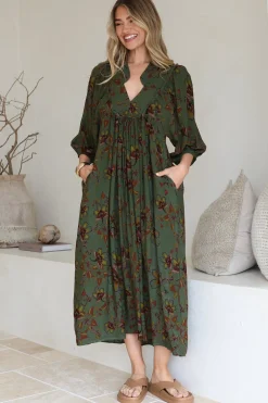 Boheme Midi Dress - Piping Defined Bust Slimline Smock Dress In Esme Print><noscript><img width=