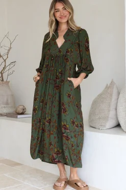 Boheme Midi Dress - Piping Defined Bust Slimline Smock Dress In Esme Print><noscript><img width=