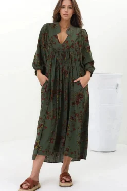 Boheme Midi Dress - Piping Defined Bust Slimline Smock Dress In Esme Print><noscript><img width=