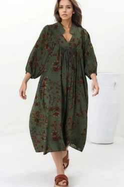 Boheme Midi Dress - Piping Defined Bust Slimline Smock Dress In Esme Print><noscript><img width=