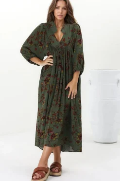 Boheme Midi Dress - Piping Defined Bust Slimline Smock Dress In Esme Print><noscript><img width=