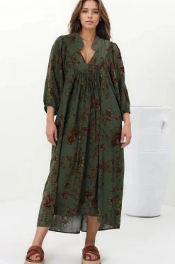 Boheme Midi Dress - Piping Defined Bust Slimline Smock Dress In Esme Print><noscript><img width=