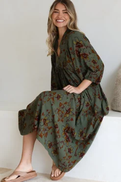 Boheme Midi Dress - Piping Defined Bust Slimline Smock Dress In Esme Print><noscript><img width=