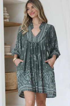 Boheme Mini Dress - Mandarin Collar Slimline Smock Dress in Constance Print>Jaase Discount