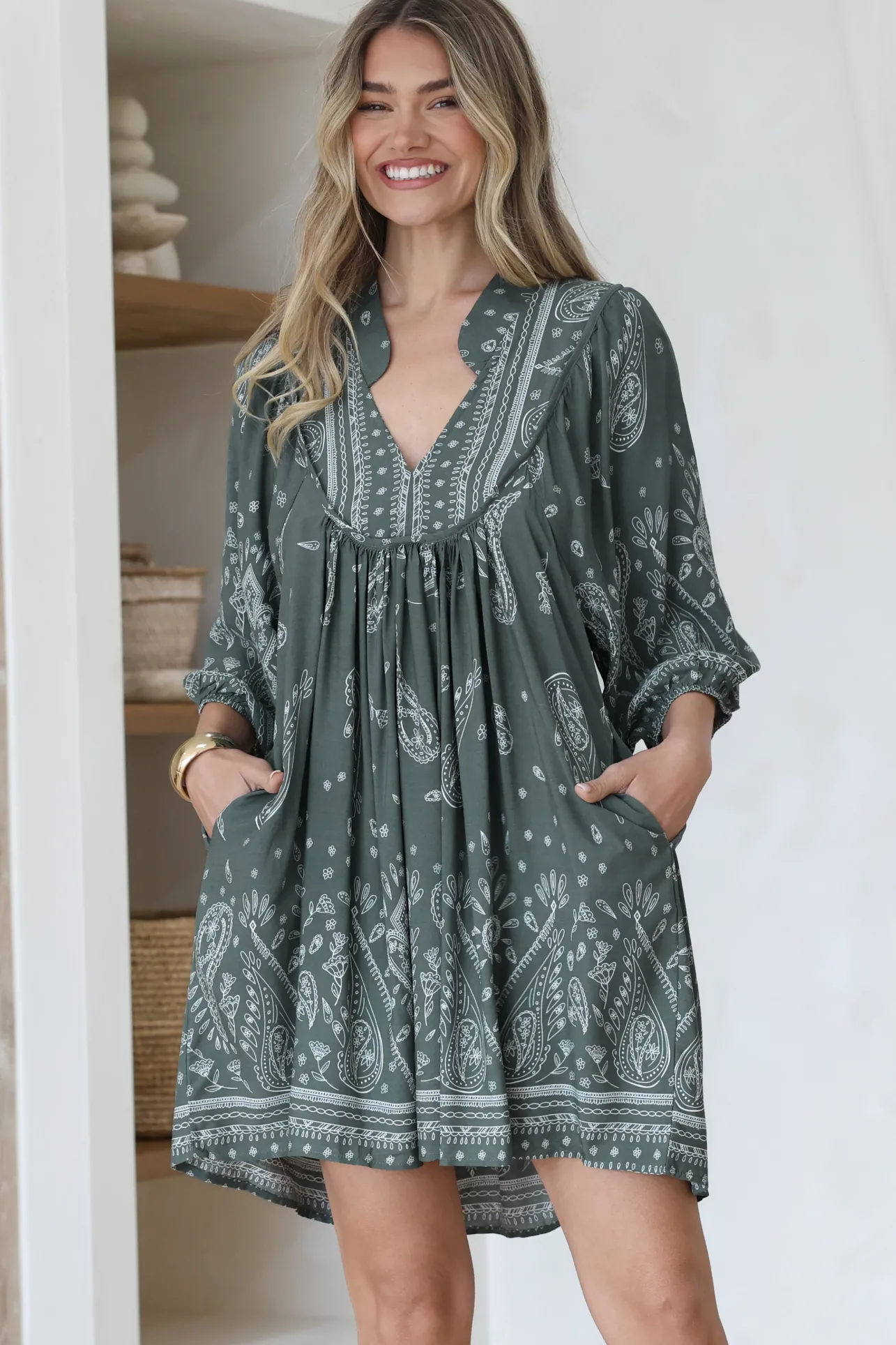 Boheme Mini Dress - Mandarin Collar Slimline Smock Dress in Constance Print>Jaase Discount