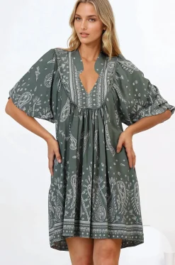 Boheme Mini Dress - Mandarin Collar Slimline Smock Dress in Constance Print><noscript><img width=