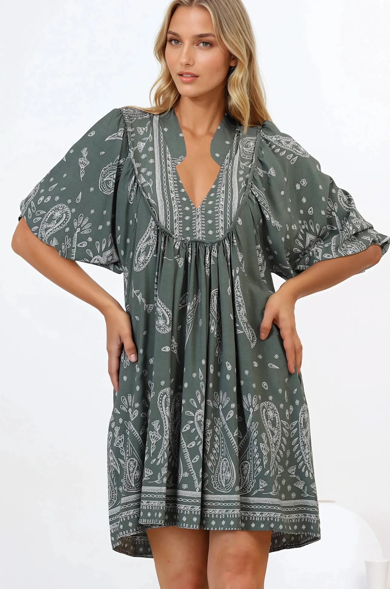 Boheme Mini Dress - Mandarin Collar Slimline Smock Dress in Constance Print>Jaase Discount
