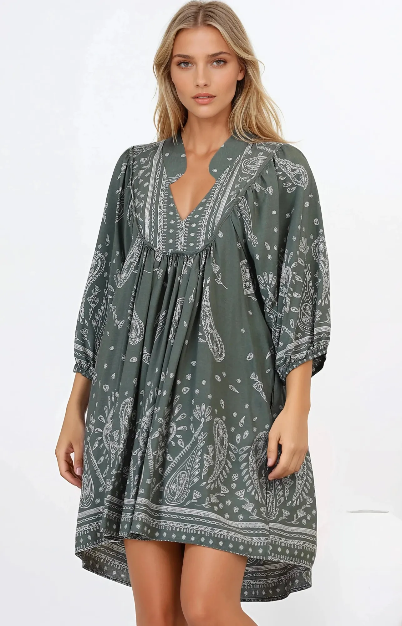 Boheme Mini Dress - Mandarin Collar Slimline Smock Dress in Constance Print>Jaase Discount
