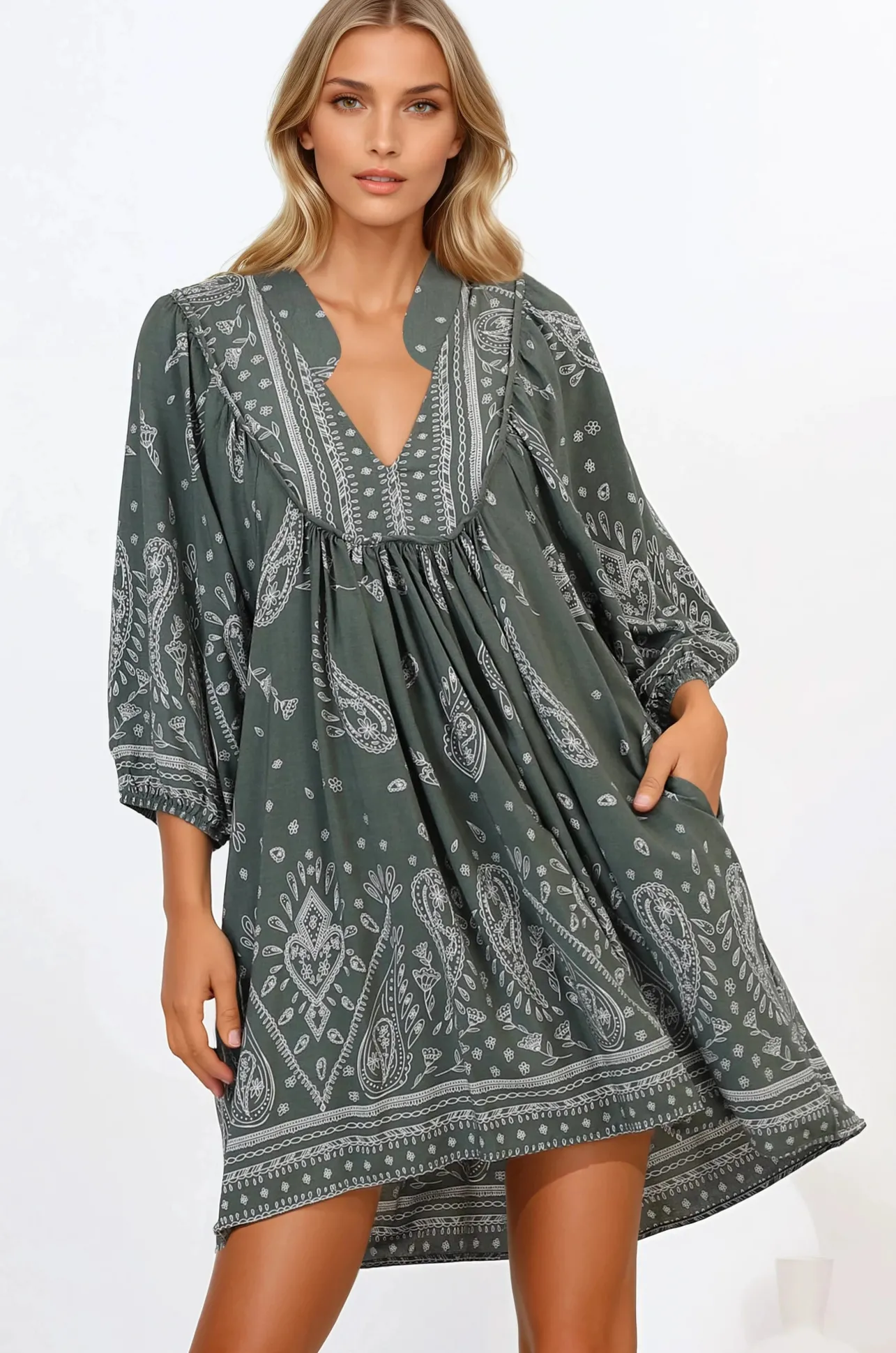 Boheme Mini Dress - Mandarin Collar Slimline Smock Dress in Constance Print>Jaase Discount