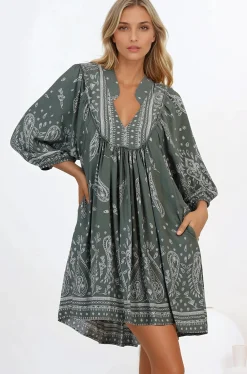 Boheme Mini Dress - Mandarin Collar Slimline Smock Dress in Constance Print><noscript><img width=