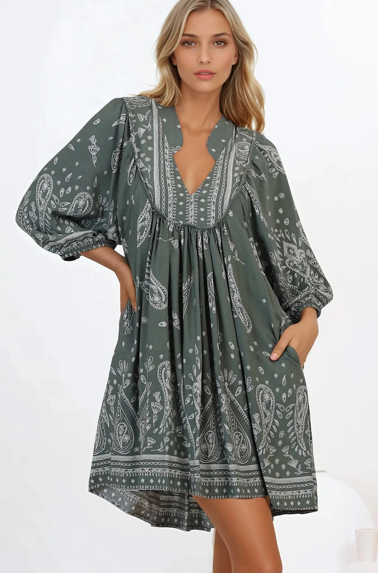 Boheme Mini Dress - Mandarin Collar Slimline Smock Dress in Constance Print>Jaase Discount