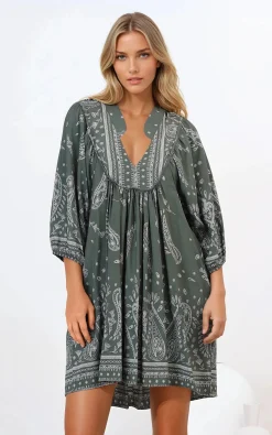 Boheme Mini Dress - Mandarin Collar Slimline Smock Dress in Constance Print><noscript><img width=