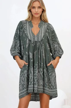 Boheme Mini Dress - Mandarin Collar Slimline Smock Dress in Constance Print><noscript><img width=