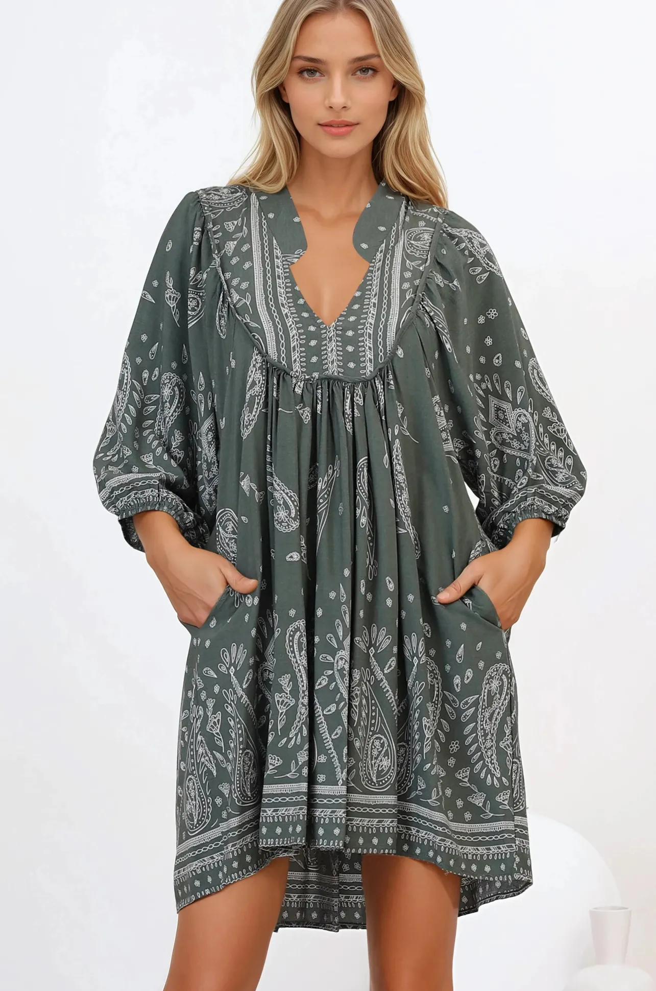 Boheme Mini Dress - Mandarin Collar Slimline Smock Dress in Constance Print>Jaase Discount