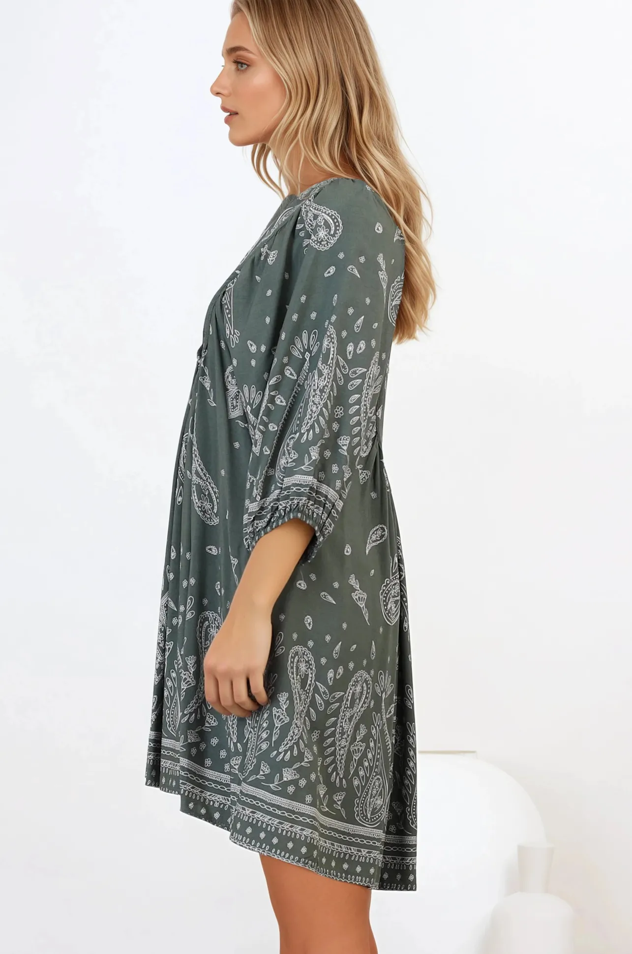 Boheme Mini Dress - Mandarin Collar Slimline Smock Dress in Constance Print>Jaase Discount