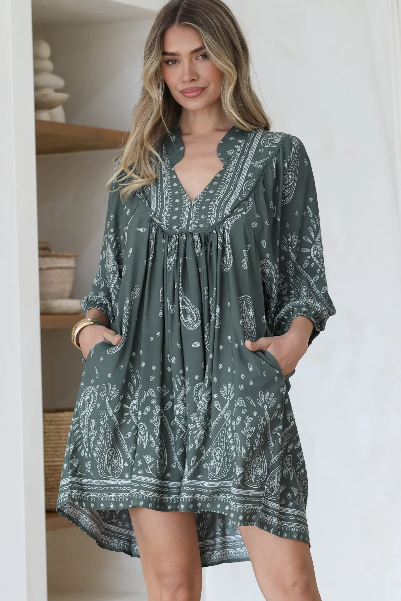 Boheme Mini Dress - Mandarin Collar Slimline Smock Dress in Constance Print>Jaase Discount