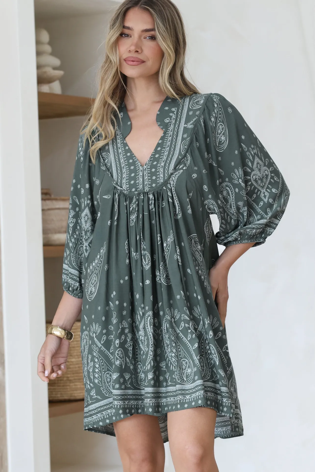 Boheme Mini Dress - Mandarin Collar Slimline Smock Dress in Constance Print>Jaase Discount
