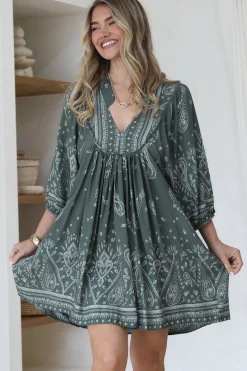 Boheme Mini Dress - Mandarin Collar Slimline Smock Dress in Constance Print><noscript><img width=