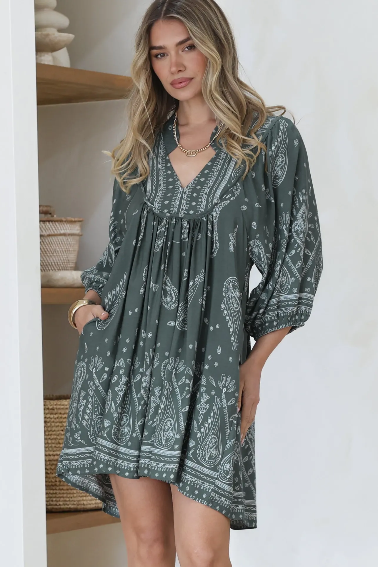 Boheme Mini Dress - Mandarin Collar Slimline Smock Dress in Constance Print>Jaase Discount