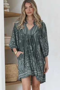 Boheme Mini Dress - Mandarin Collar Slimline Smock Dress in Constance Print><noscript><img width=