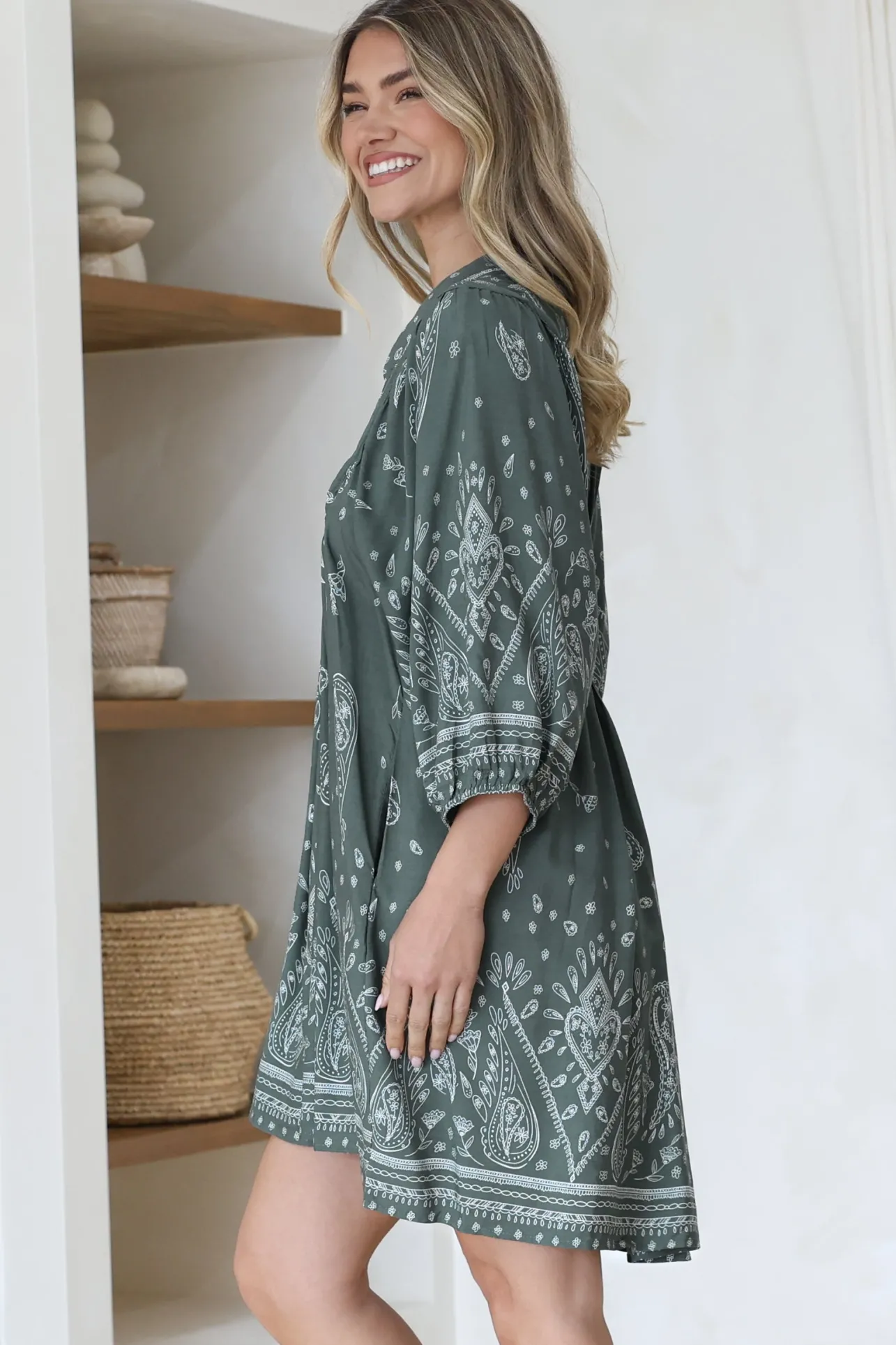 Boheme Mini Dress - Mandarin Collar Slimline Smock Dress in Constance Print>Jaase Discount