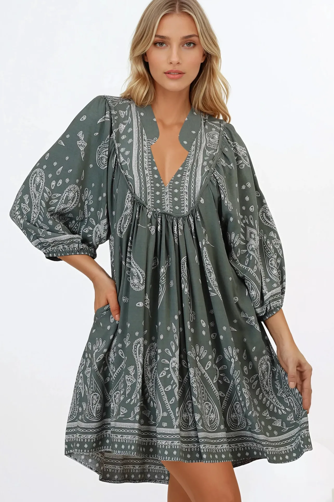 Boheme Mini Dress - Mandarin Collar Slimline Smock Dress in Constance Print>Jaase Discount