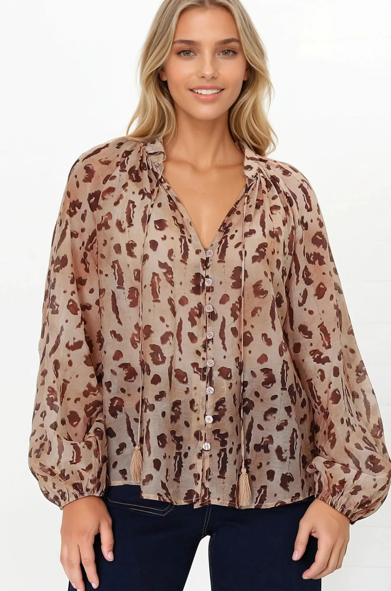 Bonnie Blouse - Button Down Scoop Hem Blouse in Leopard Print>Salty Crush Clearance