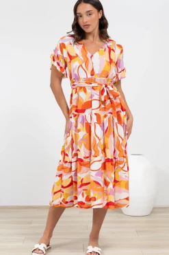Bosco Midi Dress - V-Neck Tiered Dress with Waist Tie in Fallon Print>Salty Crush Sale