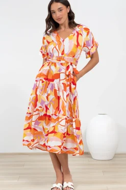 Bosco Midi Dress - V-Neck Tiered Dress with Waist Tie in Fallon Print><noscript><img width=