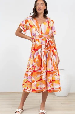 Bosco Midi Dress - V-Neck Tiered Dress with Waist Tie in Fallon Print><noscript><img width=