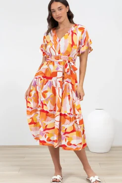 Bosco Midi Dress - V-Neck Tiered Dress with Waist Tie in Fallon Print><noscript><img width=