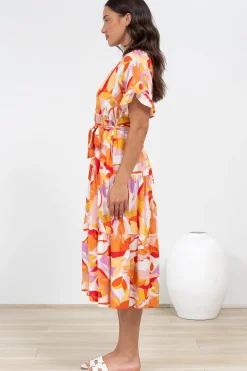 Bosco Midi Dress - V-Neck Tiered Dress with Waist Tie in Fallon Print><noscript><img width=
