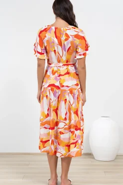 Bosco Midi Dress - V-Neck Tiered Dress with Waist Tie in Fallon Print><noscript><img width=