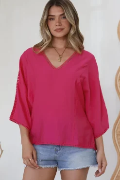 Brandi Top - Crochet Trim V-Neck Pull Over in Hot Pink>Salty Crush Best