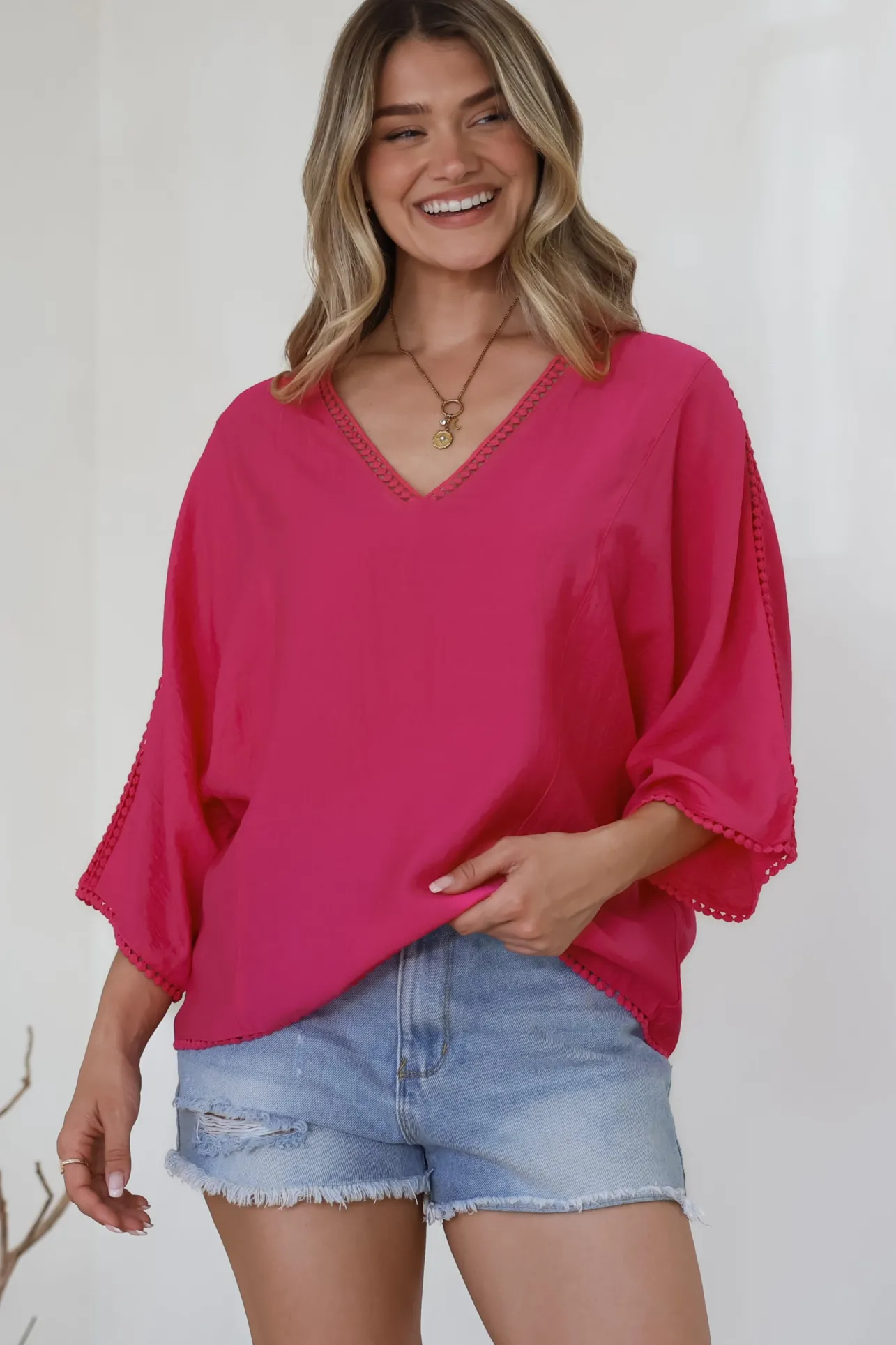 Brandi Top - Crochet Trim V-Neck Pull Over in Hot Pink>Salty Crush Best