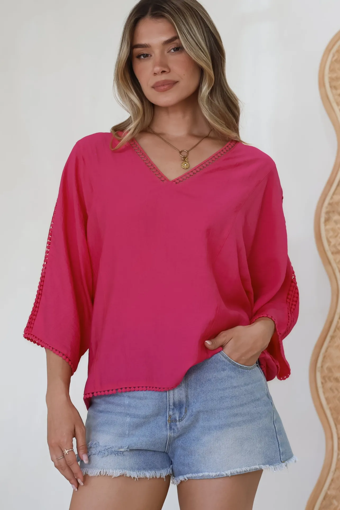 Brandi Top - Crochet Trim V-Neck Pull Over in Hot Pink>Salty Crush Best