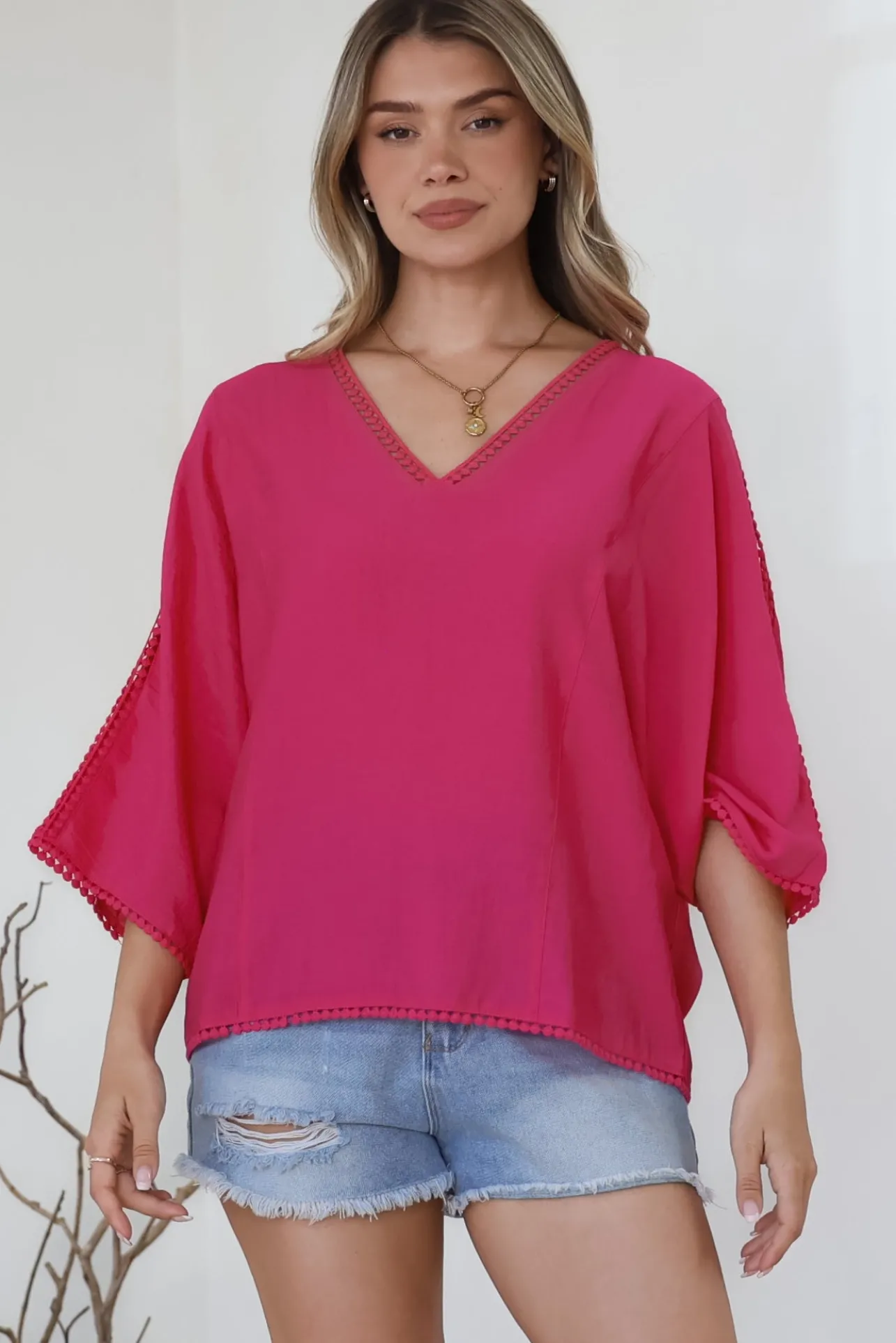 Brandi Top - Crochet Trim V-Neck Pull Over in Hot Pink>Salty Crush Best