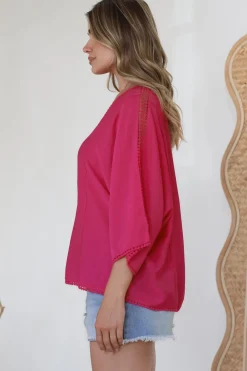 Brandi Top - Crochet Trim V-Neck Pull Over in Hot Pink><noscript><img width=
