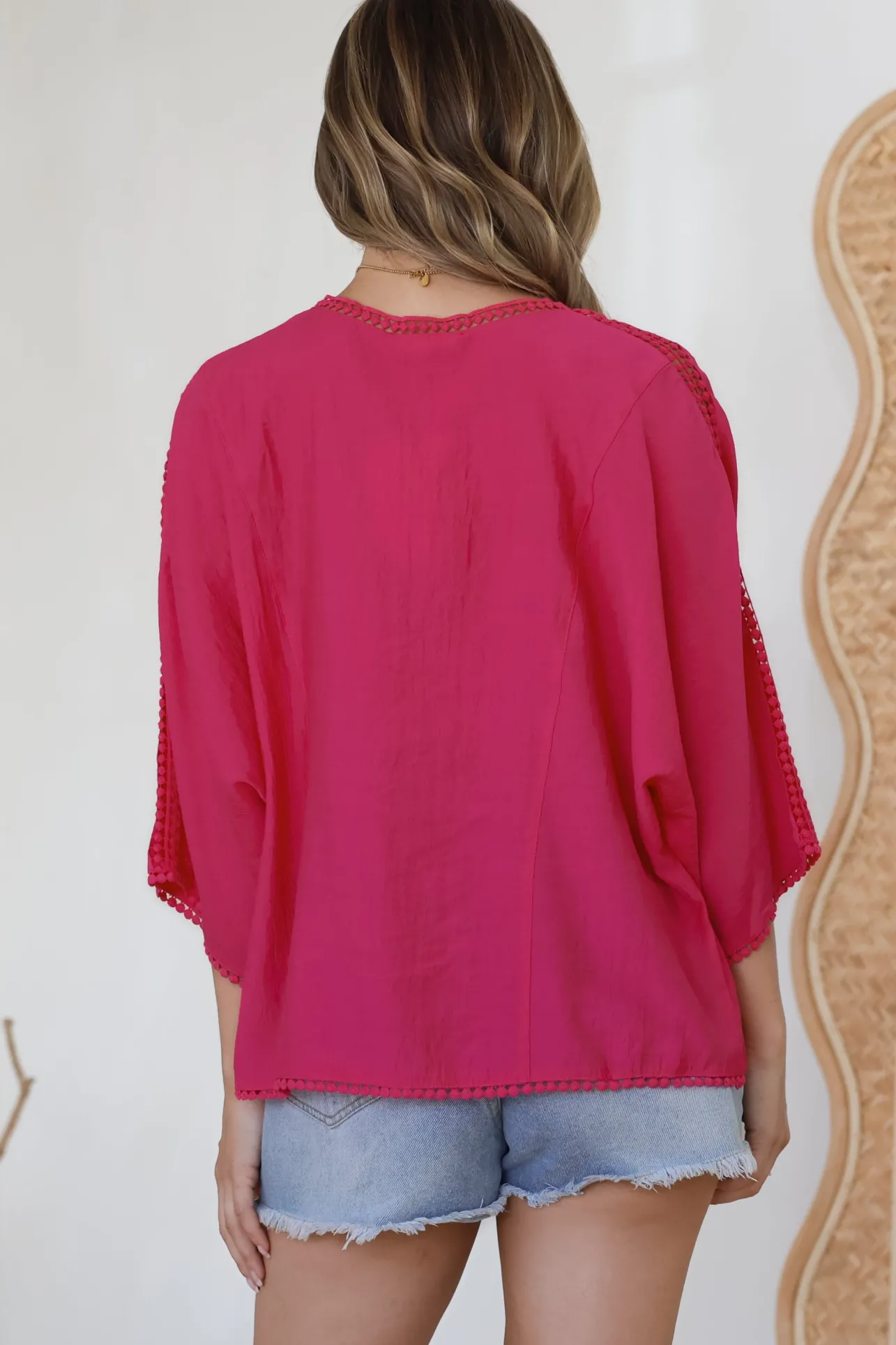Brandi Top - Crochet Trim V-Neck Pull Over in Hot Pink>Salty Crush Best